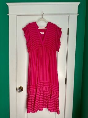 Anthropologie Pink Tonal Striped V-Neck  Flutter Sleeve Dress Pockets ~ Size L
